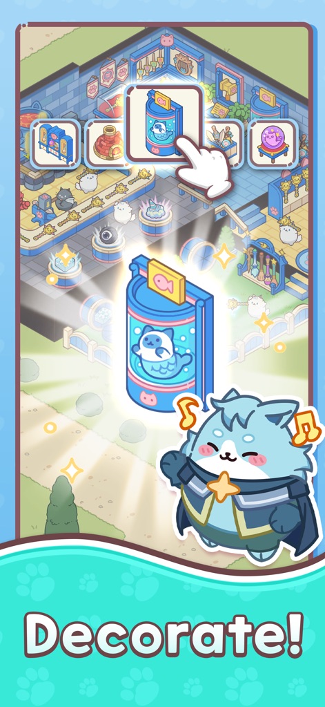 Alcatmist: Merge & Story - Users can personalize their alchemist shop by placing unique decorations, such as the whimsical cat-in-a-bottle item, to enhance the cozy atmosphere and exterior.
