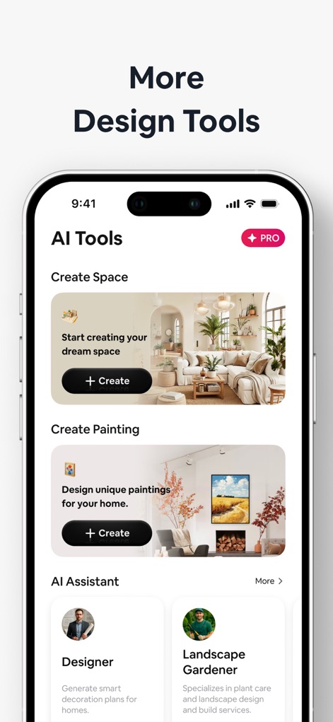 AI Home Decor-Interior Design - Explore the app's diverse 'AI Tools', featuring options to 'Create Painting' for custom artwork and a dedicated 'AI Assistant' for expert guidance from a designer or landscape gardener.