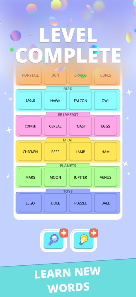 Word Merge: Categories - Upon level completion, the app effectively organizes and presents all successfully grouped categories in distinct, color-coded stacks for easy vocabulary review.