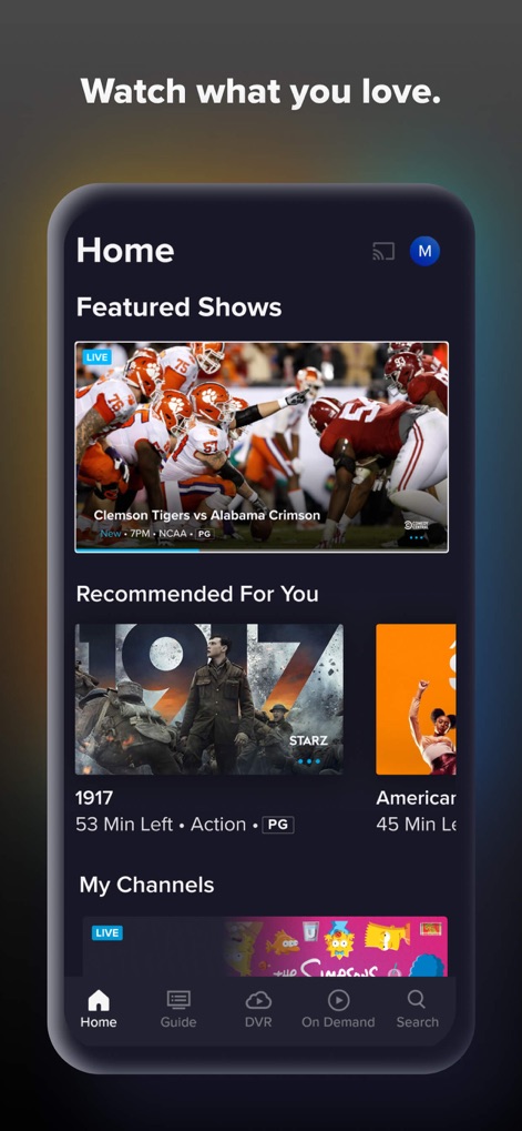 Sling: Live TV, Sports & News - この画面では、注目のライブフットボール試合や、「あなたへのおすすめ」セクションに表示される厳選された映画や番組など、パーソナライズされたコンテンツが提供されます。