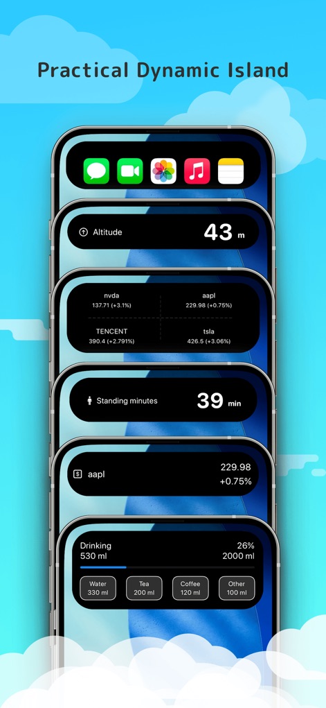 Island Widgets - Die App erweitert die Dynamic Island um praktische Funktionen, dargestellt durch die genaue Höhenanzeige in Metern und einen interaktiven Trinkmengen-Tracker mit direkten Eingabebuttons.