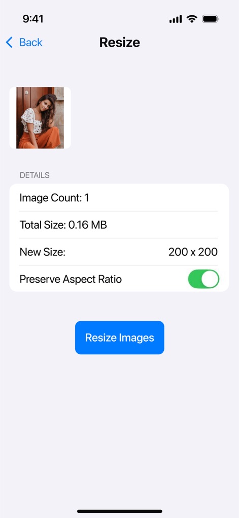 Compress Photos, Resize Image - This screen allows users to define a 'New Size' with exact dimensions (e.g., 200 x 200) and includes a crucial 'Preserve Aspect Ratio' toggle for maintaining image integrity.