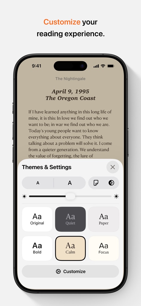 Apple Books - Los usuarios pueden personalizar su experiencia de lectura seleccionando entre diversos temas de lectura y ajustando los ajustes de fuente según su preferencia.