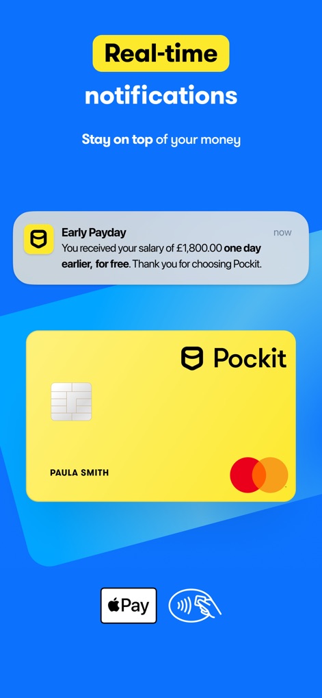 Pockit: Bank Card Alternative - 사용자는 이 앱을 통해 실시간 알림을 받아 자신의 금융 활동을 관리할 수 있으며, '조기 급여' 입금 알림과 '£1,800.00' 금액을 확인할 수 있습니다. 이러한 기능은 사용자가 재정을 효율적으로 통제하도록 지원합니다.