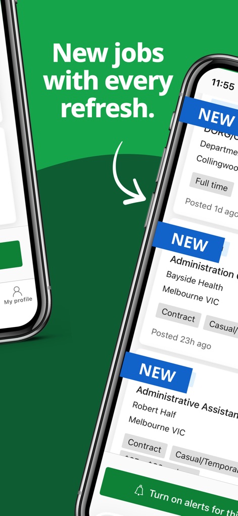Jora Jobs: Search & Apply Now - La captura resalta las nuevas ofertas de empleo con la distintiva etiqueta "NEW" y un ícono de "My profile" en la barra de navegación inferior.