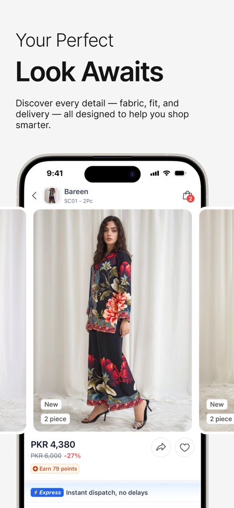LAAM – Online Shopping App - Nutzer können ihren perfekten Look durch detaillierte Produktansichten finden, die eine Frau in einem floralen Outfit präsentieren, ergänzt durch wichtige Informationen wie den Preis und den Hinweis auf die Stückzahl ('2 piece').