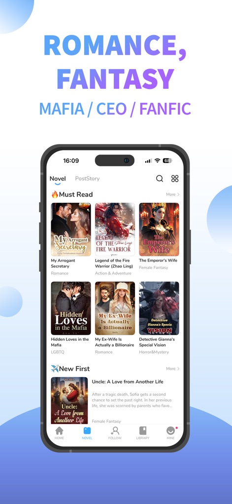 NovelToon: Read Books, Stories - Explore a vasta biblioteca de gêneros, desde Romance e Fantasia até LGBTQ e Horror, com seções como "Must Read" e "New First" para fácil descoberta.