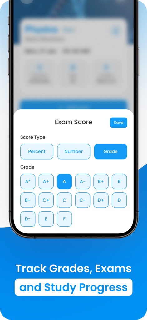 My Study Life - School Planner - Review the detailed exam score tracking interface, allowing users to input grades and select score types like "Percent" or letter "Grade".