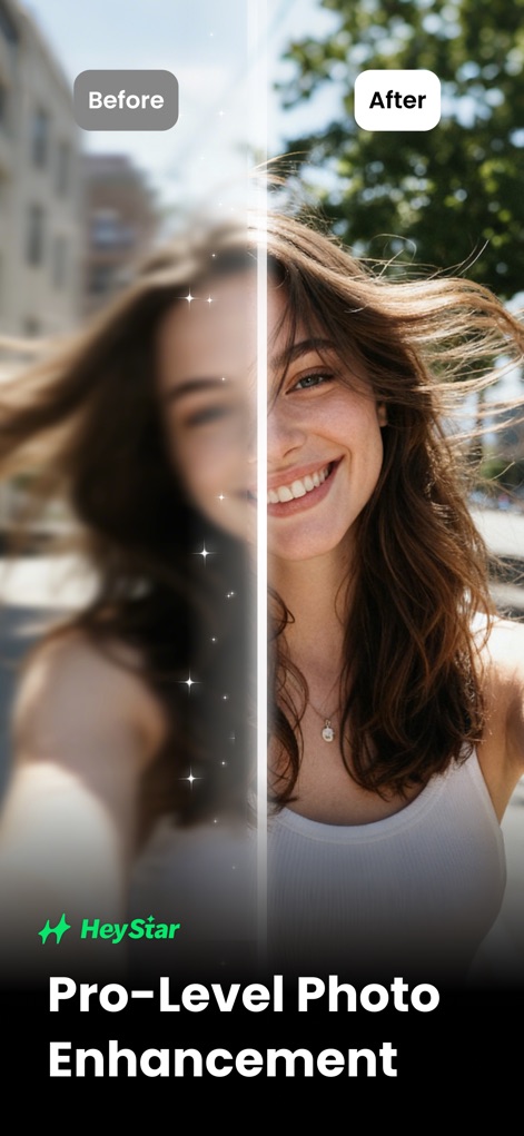 HeyStar-AI Photo Editor - Witness the remarkable transformation capabilities with a dramatic vertical split before-and-after comparison, highlighting the app's "Pro-Level Photo Enhancement".