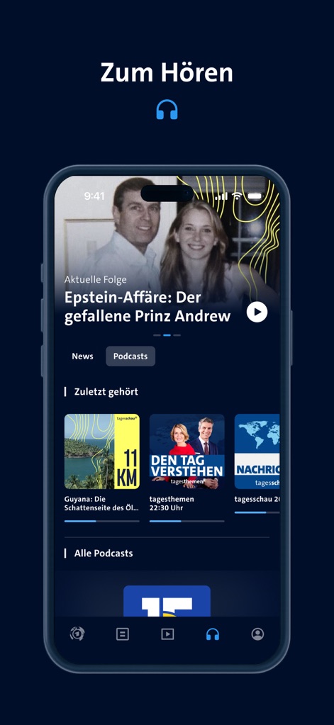 tagesschau - Nachrichten - This tool provides extensive audio content, from current podcast episodes like "Epstein-Affäre" to a "Zuletzt gehört" section, ensuring users can catch up on their preferred broadcasts.