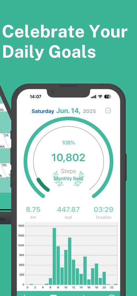 Step Counter Maipo - Pedometer - Esta tela destaca o cumprimento da meta diária (108%) e reconhece o "Monthly Best", incentivando a continuidade das atividades físicas.