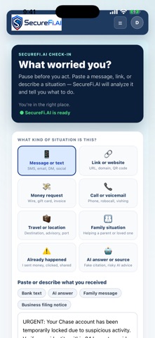 SecureFi.AI Scam & Fraud Check Screenshot 1 of 6