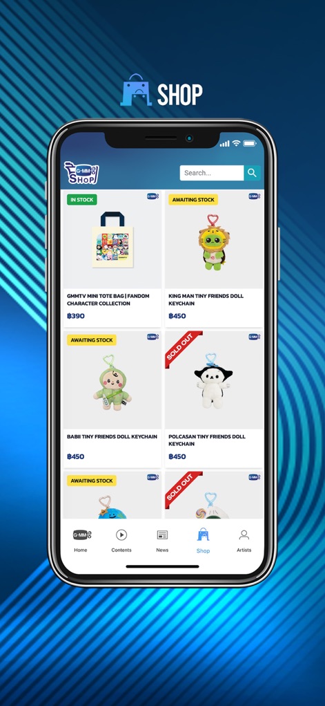 GMMTV - Browse exclusive GMMTV merchandise through detailed product listings, complete with stock availability indicators like "IN STOCK" and "AWAITING STOCK."