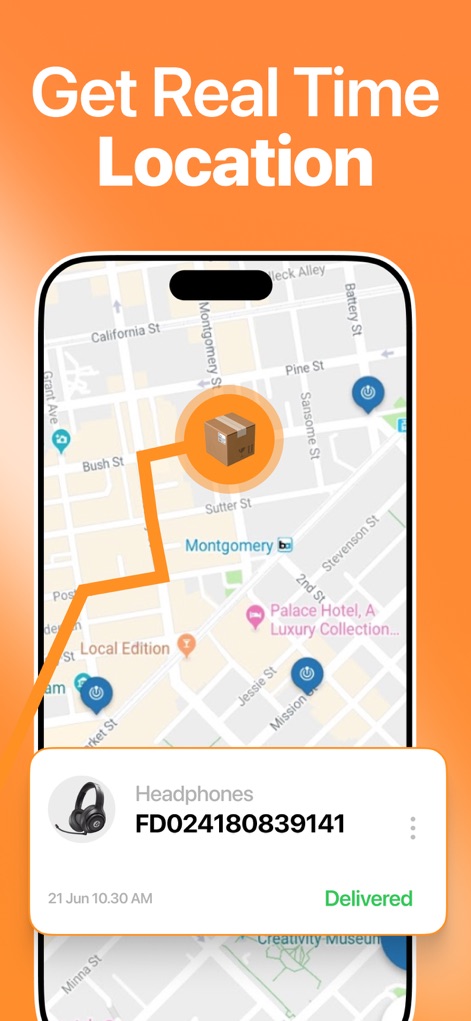 Package Tracker & Track Parcel - Los usuarios pueden visualizar la ubicación en tiempo real de sus envíos en una interfaz de mapa dinámica y consultar los detalles del paquete, como el artículo 'Headphones' y su estado 'Delivered'.