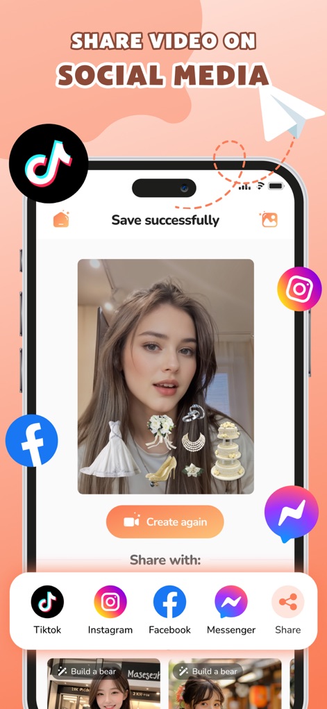 Choose Filter: Perfect Match - Após a finalização, a imagem gerada pode ser facilmente compartilhada em diversas plataformas de mídia social, com ícones como TikTok e Instagram em evidência.