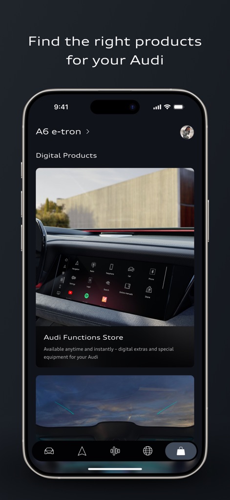 myAudi - La schermata mostra il "Audi Functions Store", dove gli utenti possono acquistare aggiornamenti digitali, con illustrazioni visive delle funzionalità del sistema MMI e delle telecamere esterne del veicolo.