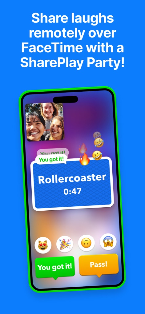 Heads Up! - Dieses Bild demonstriert die nahtlose Integration von SharePlay für FaceTime, die es Nutzern ermöglicht, gemeinsam und ortsunabhängig zu spielen, was durch die Anzeige von Videoanrufteilnehmern und die Interaktionen über Emojis auf dem Bildschirm verdeutlicht wird.