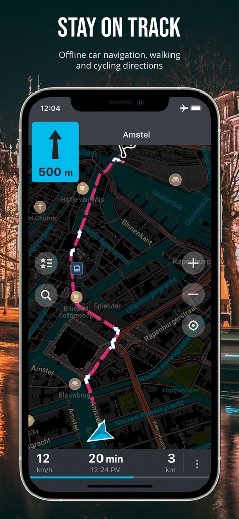 Organic Maps・Maps & Navigation - The app provides robust offline guidance, featuring clear turn-by-turn instructions with distance countdowns and real-time navigation metrics for speed and estimated arrival time.