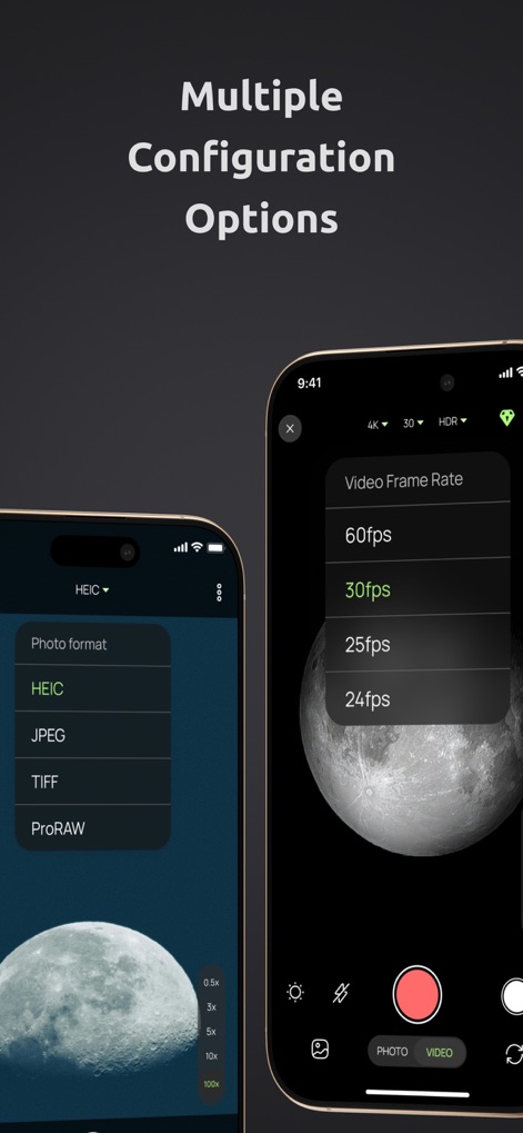 ZoomX : Super Zoom Camera - Users can select from multiple photo formats like HEIC and ProRAW, and configure video frame rates up to 60fps, ensuring professional output tailored to their needs.