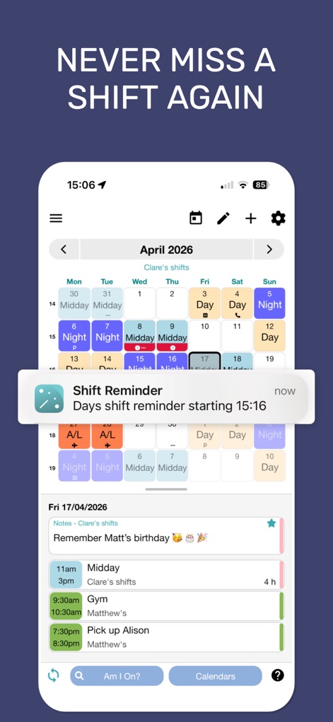 My Shift Planner - Calendar - 'Shift reminder' 알림을 통해 사용자는 예정된 근무를 놓치지 않을 수 있으며, 상세한 일별 일정에서 업무 외 활동까지 한눈에 확인할 수 있습니다.