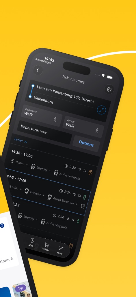 NS Travel Planner - This tool presents users with multiple travel options, from various train types to walking segments, alongside detailed time breakdowns and journey durations.