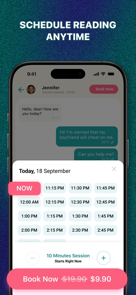 PsychicBook - Psychic Reading - Users can conveniently schedule readings anytime with flexible time slots and access special offers, such as discounted session pricing shown for a 10-minute session.