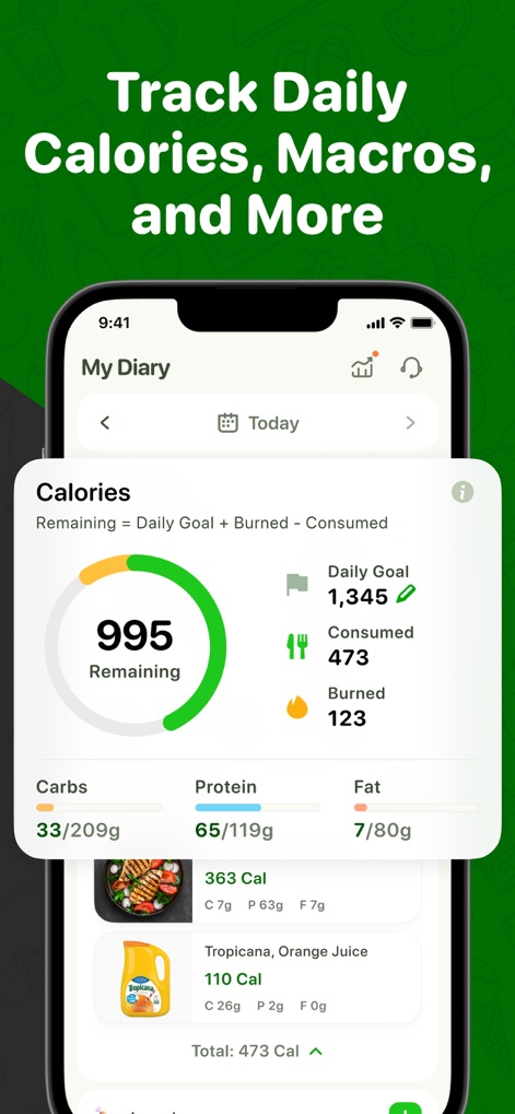 Calo: AI Food Calorie Counter - This tool provides a comprehensive daily overview, displaying '995 Remaining' calories and a detailed breakdown of macronutrients like '65/119g Protein' to support precise goal achievement.