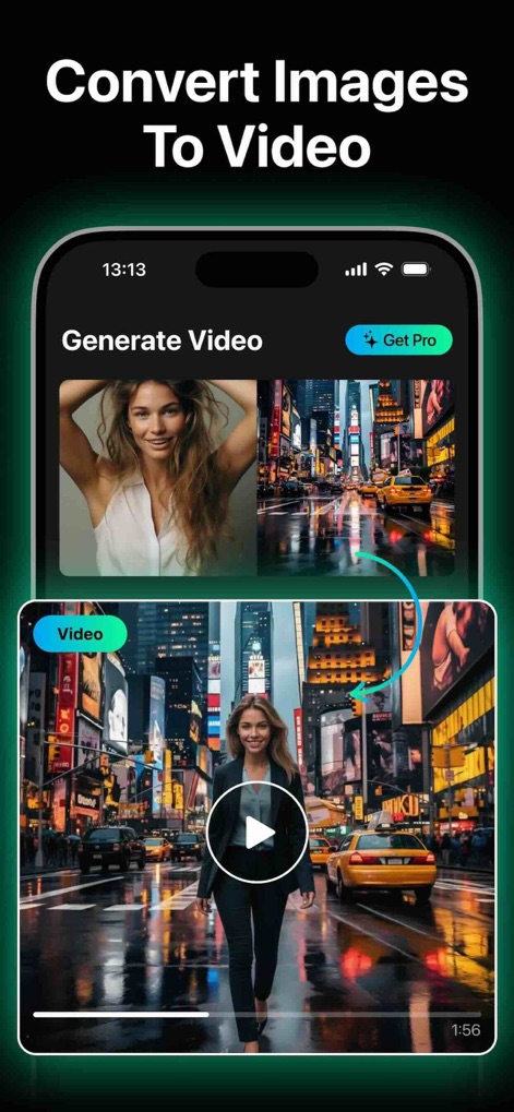 AI Video Generator: Video AI - El ejemplo ilustra la conversión de imágenes estáticas, una mujer y un bullicioso paisaje urbano nocturno, en un video dinámico, mostrando la fusión de sujetos y fondos para crear una narrativa visual fluida.