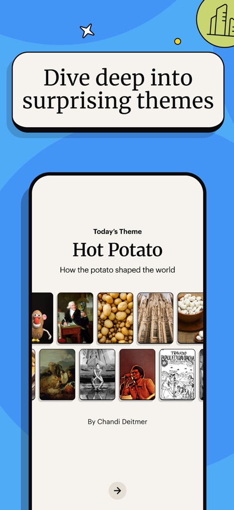 Spark: Daily Learning Puzzles - Observe how the app presents a daily "Hot Potato" theme with a captivating grid of related images for an immersive experience.