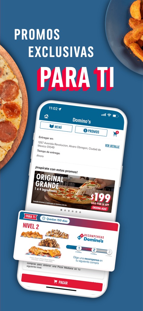 Domino's Pizza México - La herramienta premia la lealtad, presentando banners con promociones exclusivas como la “Original Grande a $199” y el detallado programa de “Recompensas Domino's” con sus niveles de beneficio.
