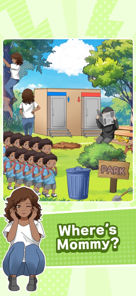 Tricky Mean - Brain puzzle - Observe how the app challenges users to solve the mystery of 'Where's Mommy?' amidst a park full of children and public restrooms.