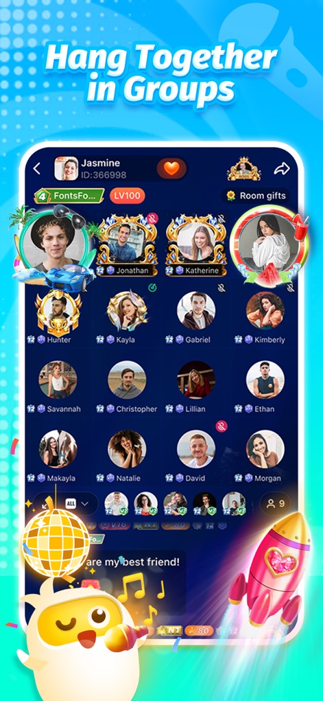 TopTop: Games & Party - Esta vista muestra una sala de chat grupal con múltiples avatares de usuarios, creando un ambiente social, y se complementa con elementos visuales interactivos como la bola de discoteca y un cohete decorativo.