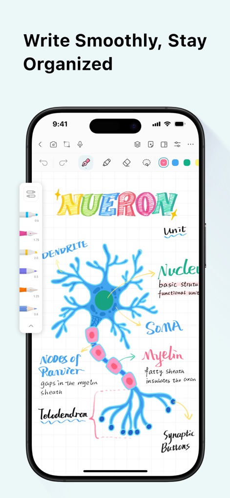 StarNote: Handwriting&PDF - This tool facilitates precise and smooth digital writing, illustrated by the intricate neuron diagram, while offering effortless pen thickness and color adjustments via the sidebar.