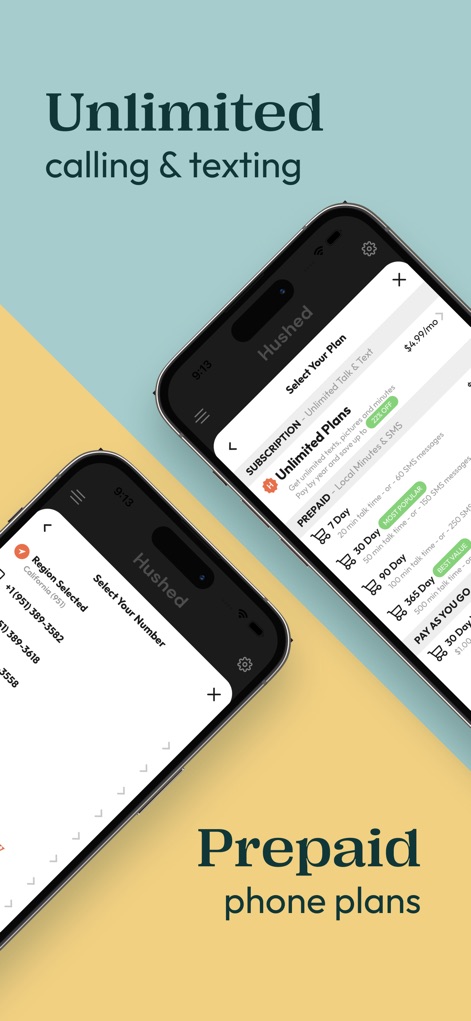 Hushed: US Second Phone Number - Explore the intuitive interface for selecting subscription plans and the comprehensive overview of unlimited calling and texting options.