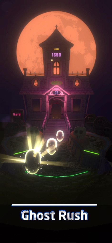 Beat Swiper - Dive into the spooky 'Ghost Rush' setting, where ethereal ghost figures serve as beats against a haunting haunted house backdrop.