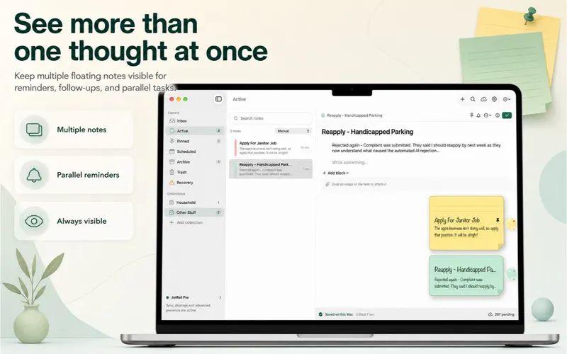 JotRail: Sticky Notes: Several notes visible beside a document