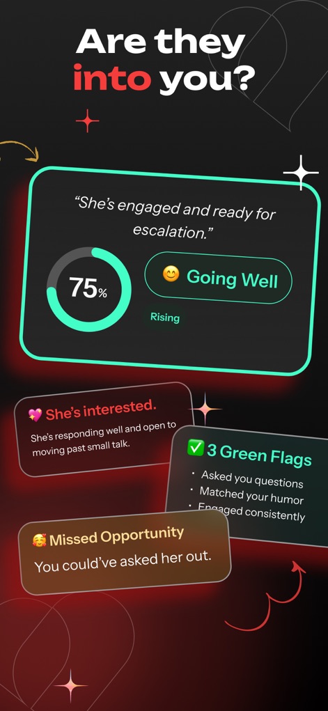 Smoothspeak: AI Dating Coach - Los usuarios pueden evaluar el progreso de sus conversaciones con un indicador de '75% Going Well' y visualizar '3 Green Flags' que señalan interés, ofreciendo una visión clara de la interacción.