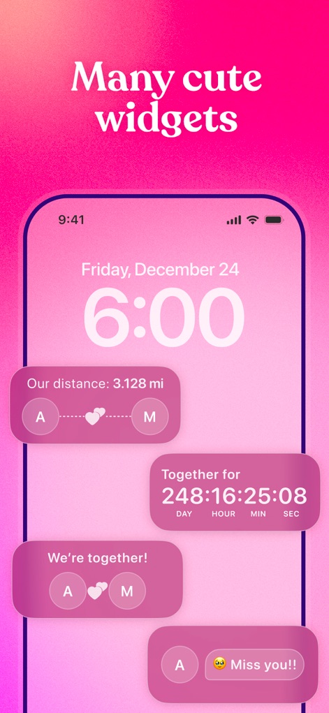 Couple Joy - Relationship App - A tela ilustra a funcionalidade dos widgets personalizados, incluindo um rastreador de distância entre os parceiros e um contador regressivo para eventos.