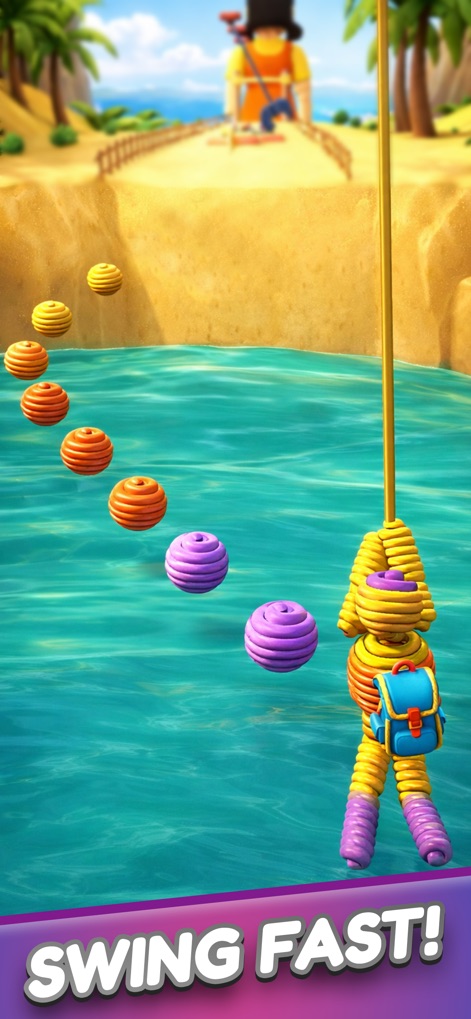 Rope Man: Monster Battle Run - The game introduces an exciting swinging mechanic, allowing the character to swiftly traverse water hazards while collecting essential yarn orbs.