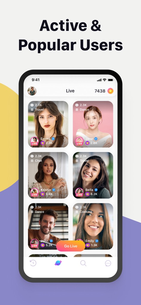 Joi - Live Stream - The app presents a diverse grid of active live streams, featuring categorized hashtags and real-time viewer counts for effortless content exploration.