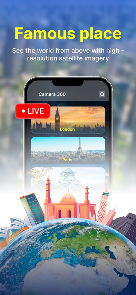 GPS Photo Stamp Camera Map - このアプリは、有名都市のライブ映像機能と高解像度衛星画像を提供し、世界中のランドマークを俯瞰的に確認することを可能にします。