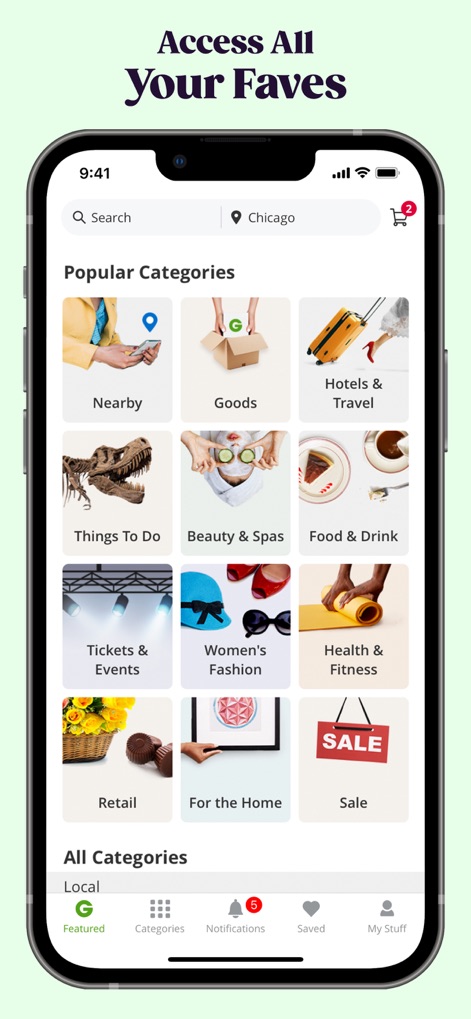 Groupon - Local Deals Near Me - Users can easily browse a comprehensive range of popular categories and access specific deal types, presented in an organized grid layout.