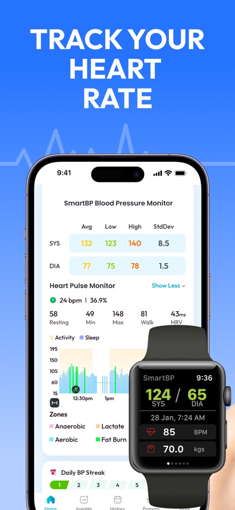 Blood Pressure Tracker SmartBP - Users can track heart rate trends through a detailed monitor graph categorizing activity zones and view real-time readings on the integrated Apple Watch interface.