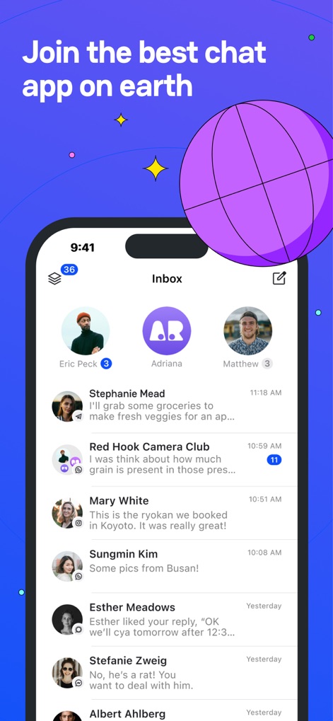 Beeper - This view highlights the app's consolidated inbox, showcasing active conversations with clear contact avatars and displaying unread message counts, empowering users to efficiently oversee all their communication.