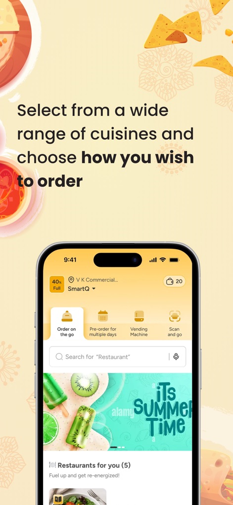 SmartQ - Food Ordering App - A tela inicial permite aos usuários selecionar entre diversas culinárias e modos de pedido, como 'Order on the go' e 'Vending Machine', para otimizar a experiência.
