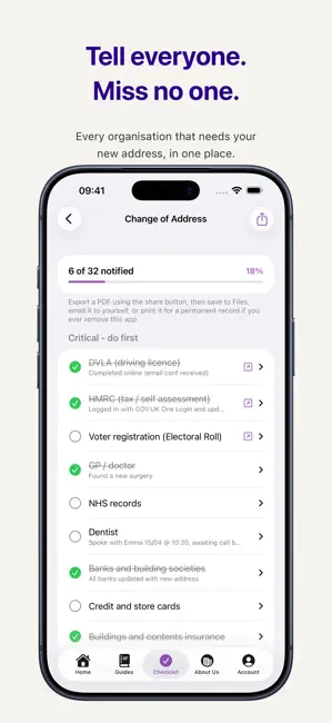 Change of address tracker with organisations grouped by urgency