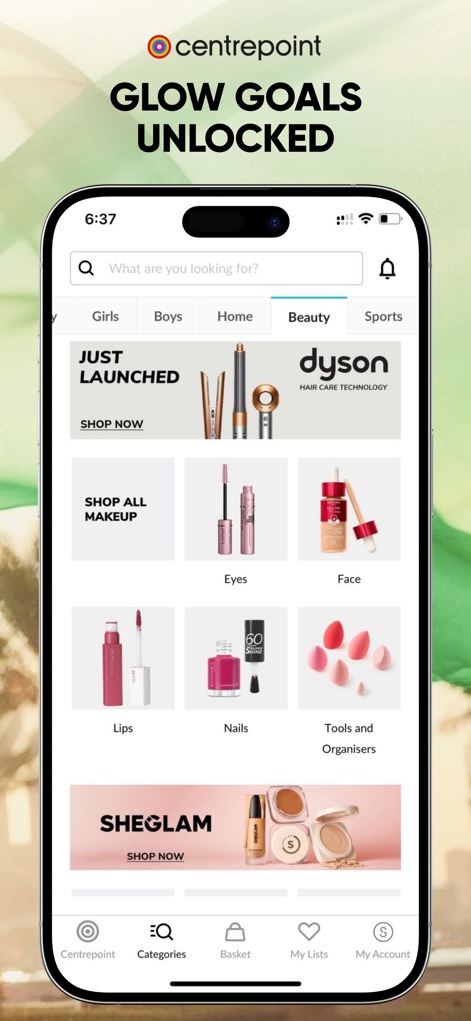 Centrepoint Online Shopping - Discover an extensive beauty product range, organized into clear subcategories such as 'Shop All Makeup' and 'Eyes', showcasing top brands like 'Dyson'.
