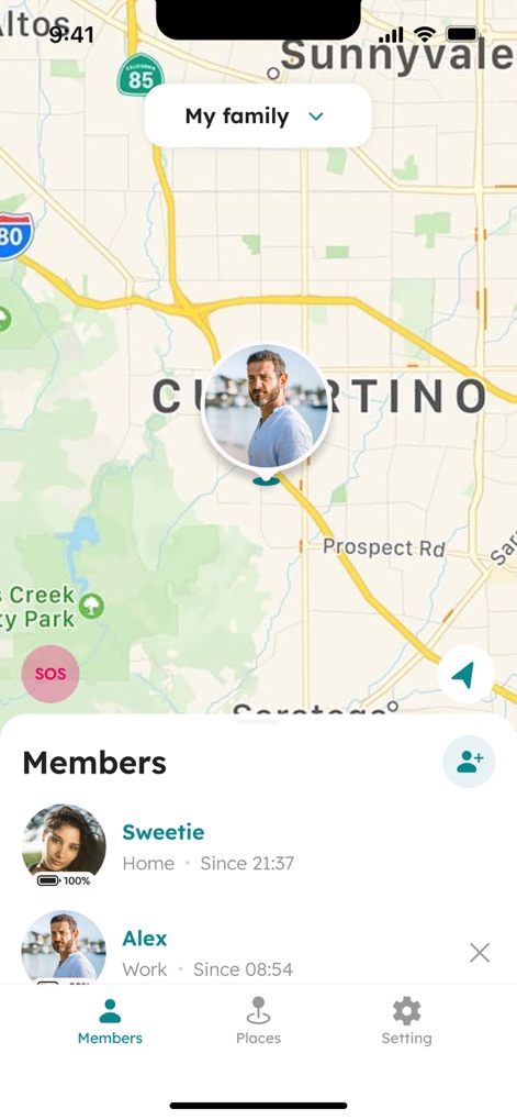 Phone Number Tracker: Location - See how the app displays real-time locations of family members on an interactive map and provides immediate battery status in the detailed member list.