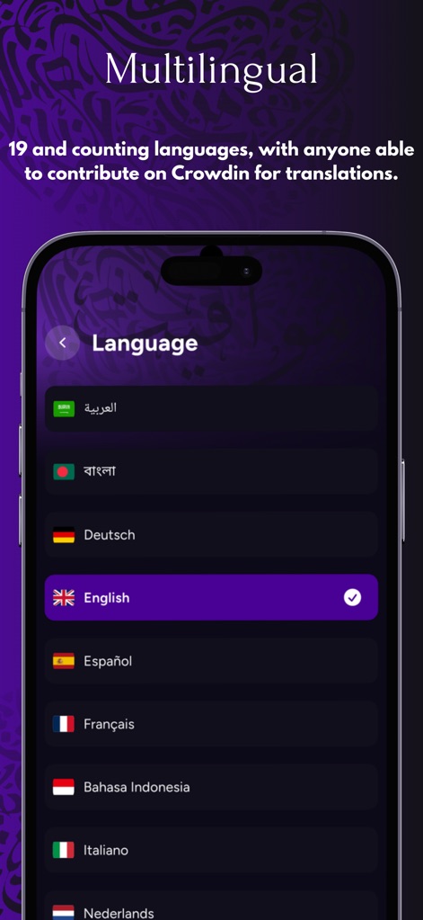 MAWAQIT - Prayer times, mosque - La aplicación es compatible con múltiples idiomas, como el árabe y el inglés, y muestra una lista clara de opciones lingüísticas con banderas nacionales.