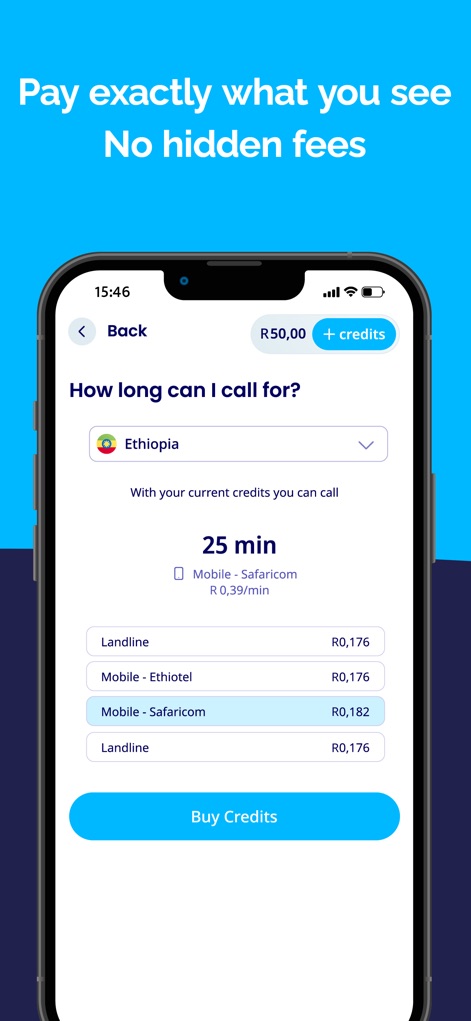 International Calling－Talk360 - This screen exemplifies the app's commitment to transparency, providing a clear 'How long can I call for?' breakdown that includes specific per-minute rates for different 'Mobile - Safaricom' and 'Landline' options.